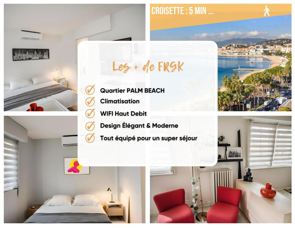 a collage of photos of a bedroom with a bed and a beach at FRGK FR - Surcouf "PALM BEACH " in Cannes