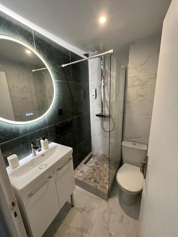 une salle de bain avec une douche, des toilettes et un lavabo dans l'établissement Nouveau Studio -Clim -grand lit et terrasse, à Montpellier