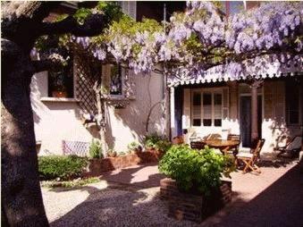 une maison avec un arbre planté de fleurs violettes dans l'établissement Les Charmilles, à Saint-Jean-de-Losne