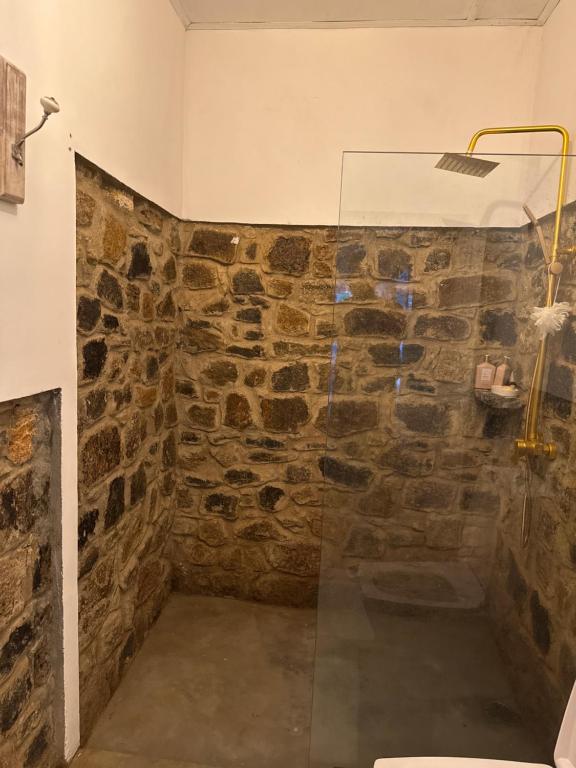 a glass shower in a bathroom with a stone wall at 4154ft Ramboda in Ramboda