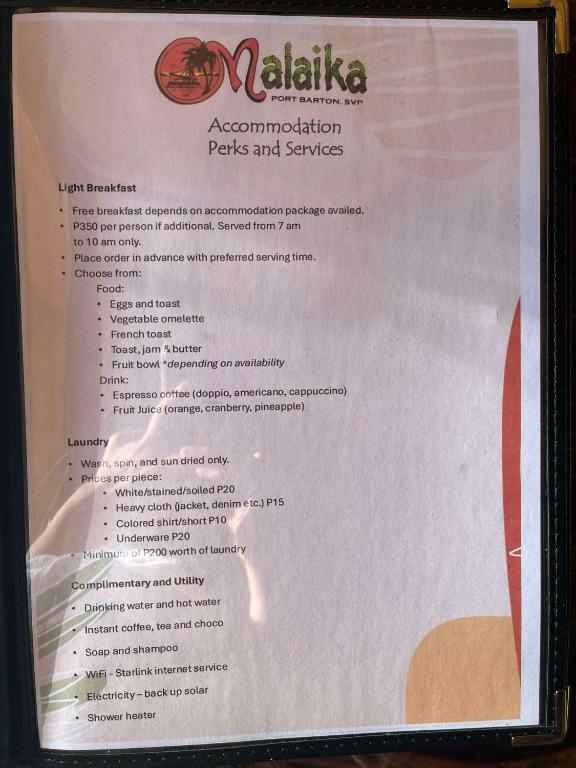 Um certificado, prémio, placa ou documento mostrado em MALAIKA RESORT
