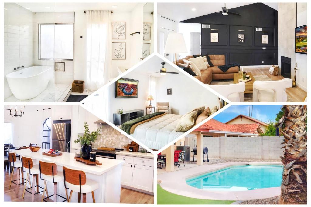 a collage of photos of a living room and a house at Upgraded Luxury 4 Bedroom Retreat with Pool & BBQ in Glendale