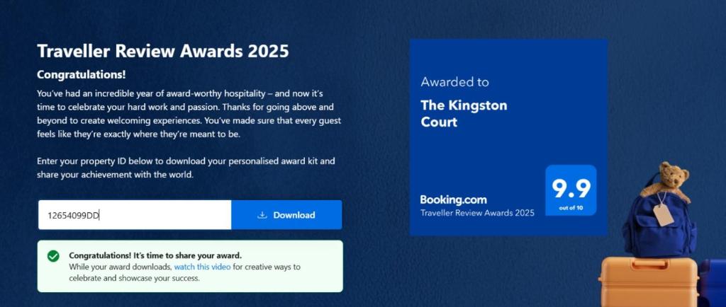 Certifikát, hodnocení, plakát nebo jiný dokument vystavený v ubytování The Kingston Court
