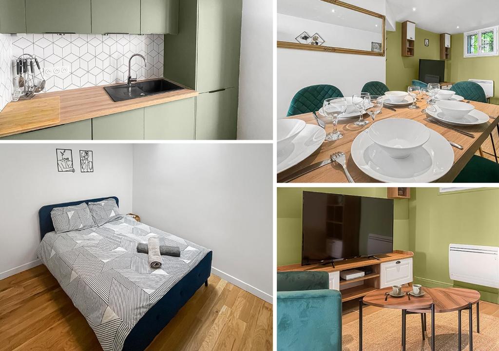 a room with a bed and a table and a sink at Havre de tranquillité à Maisons-Laffitte in Maisons-Laffitte