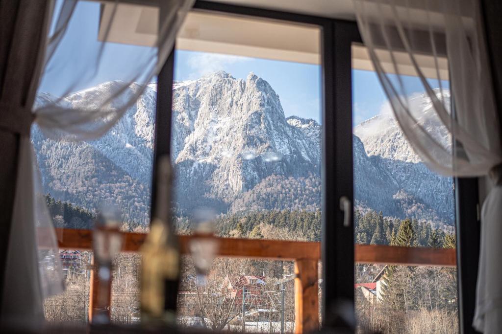 a view of a mountain from a window at Yael Luxury Apartments 5 in Buşteni
