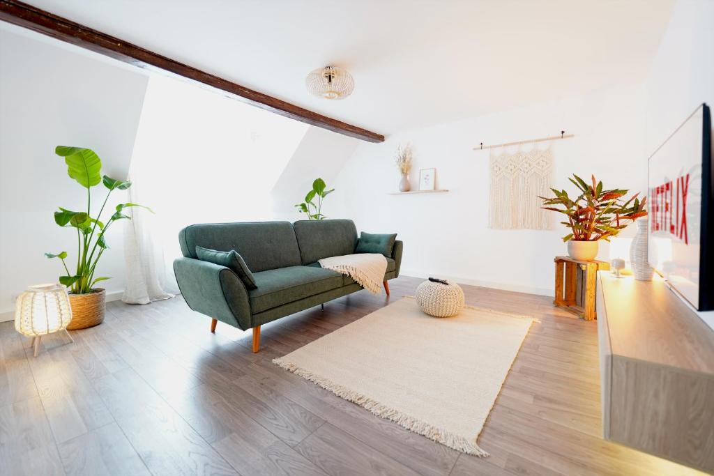 a living room with a green couch and a rug at Zentrale, gemütliche Dachgeschoss-Etage - 52qm - Altes Haus auf 2,5 Etagen exklusiv für Dich - mit 1 Schlafzimmer, Wohnzimmer und Rückzugsraum zum Verweilen - Küche, großes Bad, Netflix in Halle an der Saale