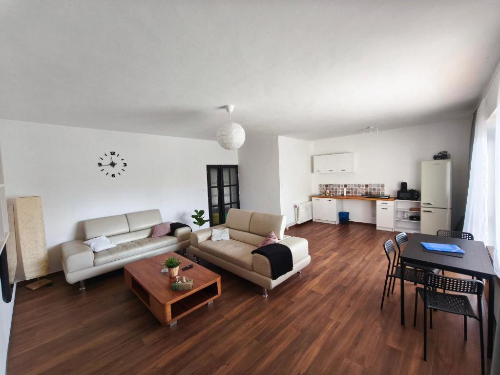 a living room with two couches and a table at Apartmán Vacovi in Olomouc