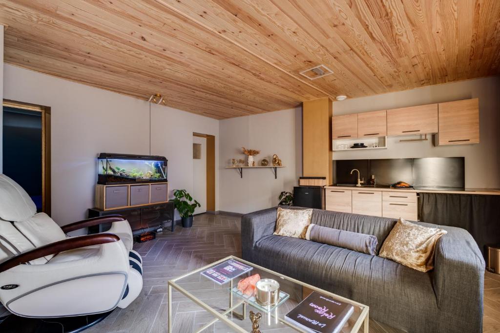 a living room with a couch and a tv at RelaxRoom Sauna Balnéothérapie Détente Bien-être in Lacasse