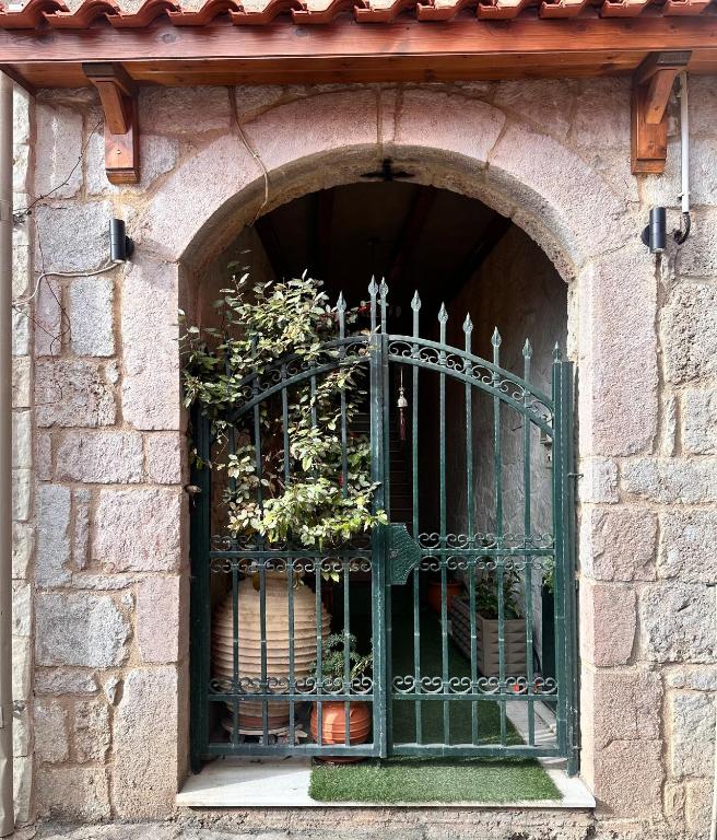 a window with a gate with a plant in it at Pandoras House Arachova in Arachova
