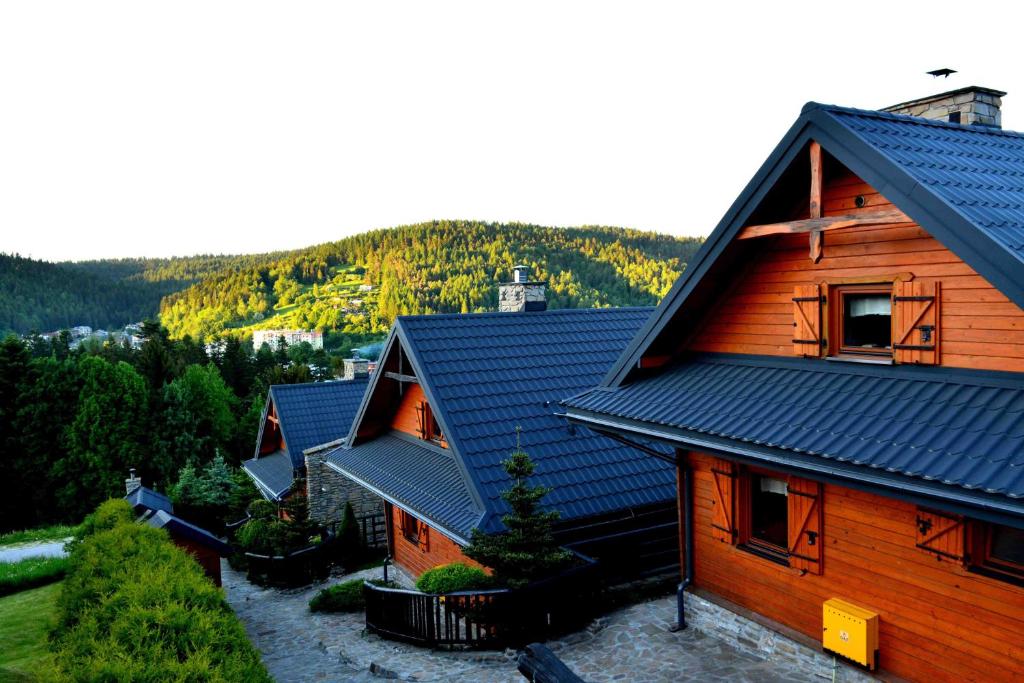 ein Holzhaus mit schwarzem Dach in der Unterkunft Alpejskie Domy Ski House in Krynica-Zdrój