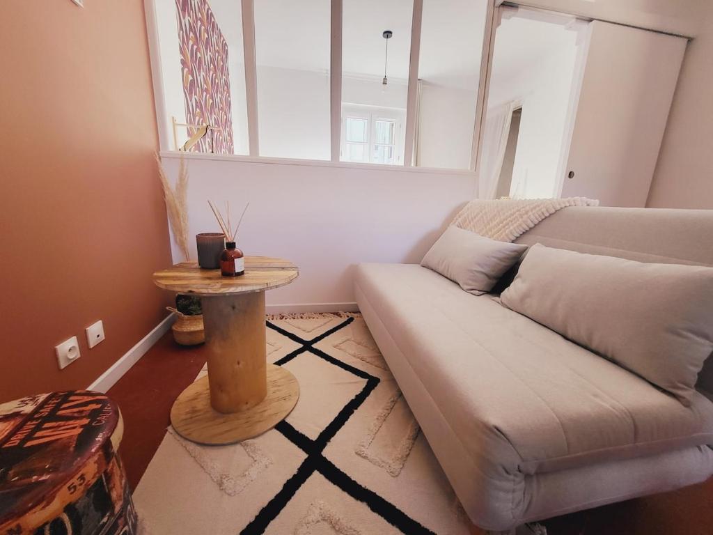 un salon avec un canapé et une table dans l'établissement Cali, appartement intramuros, à Avignon