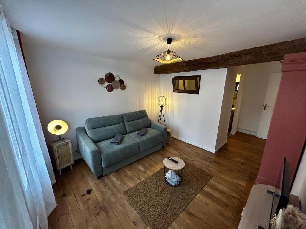 vue aérienne d'un salon avec un canapé vert dans l'établissement Le Bois Jaillant - Wifi - Centre ville historique - Proche Gare, à Troyes