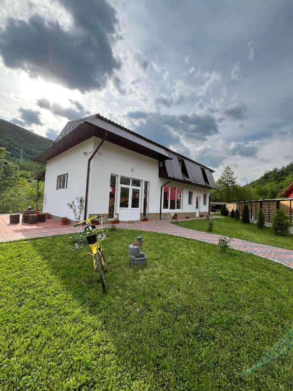 a house with a bike parked in the grass at Casa Vio in Nehoiu