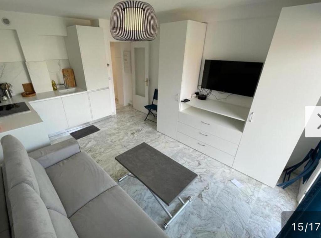 un salon avec un canapé et une télévision à écran plat dans l'établissement Mistral Seaside Studio - 200m de la Plage, à Cannes