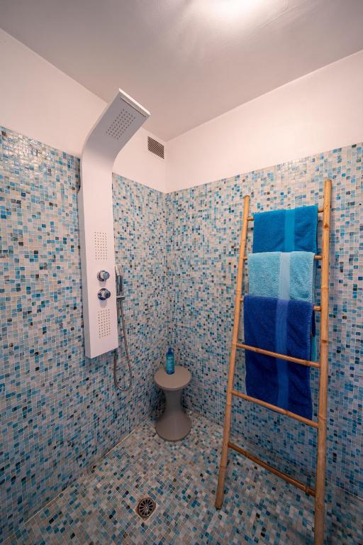 une salle de bain avec douche aux carreaux bleus dans l'établissement Test test, à Nice