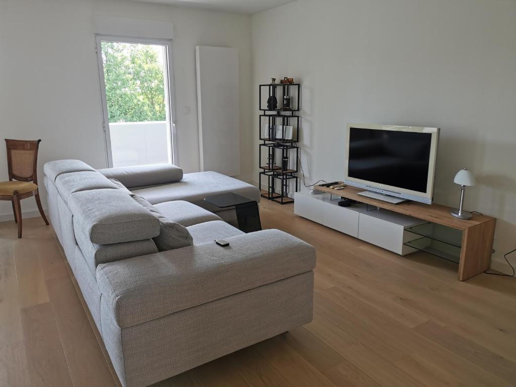 un salon avec un canapé et une télévision à écran plat dans l'établissement Olympe, à La Rochelle