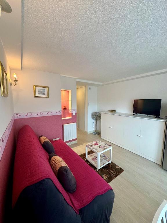 un salon avec un canapé rouge et une télévision dans l'établissement Appartement - Cap d'Agde, au Cap d'Agde