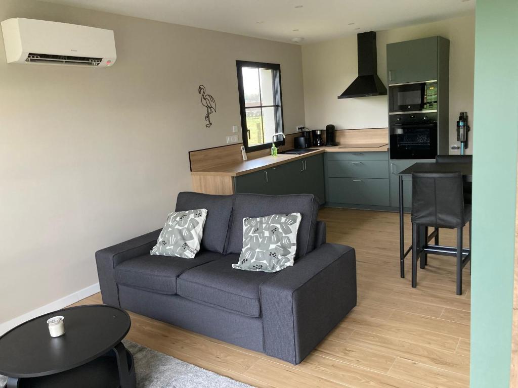 マレスヴィルにあるLes Petites Maisons dans la Prairie - 1のソファとキッチンのあるリビングルーム