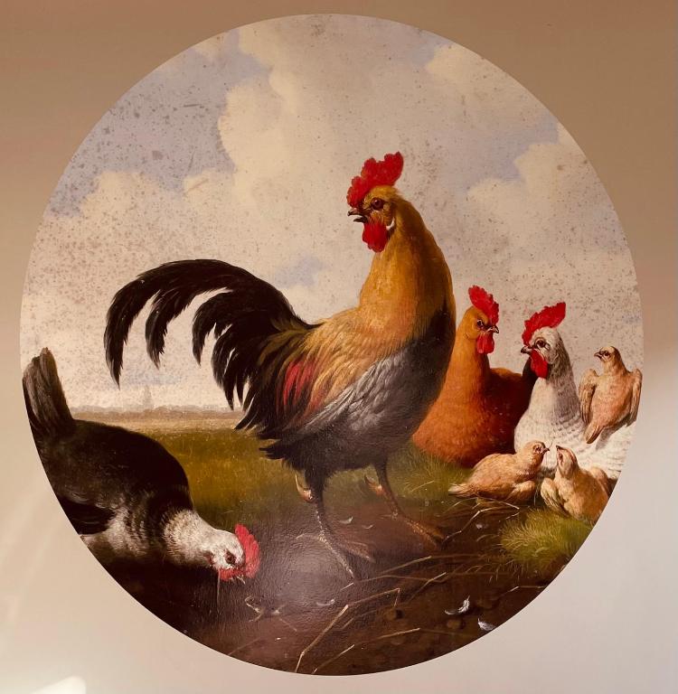 a painting of a group of chickens in a field at De kraaiende haan in Liessel