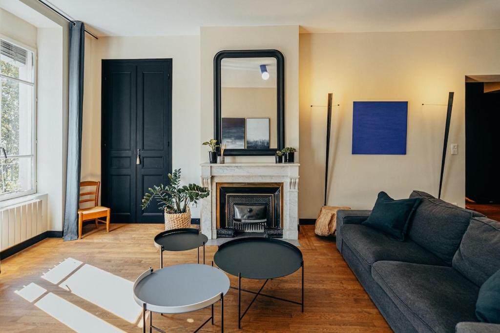 un salon avec un canapé et une cheminée dans l'établissement Superbe appartement lyonnais, vue sur Saône, à Lyon