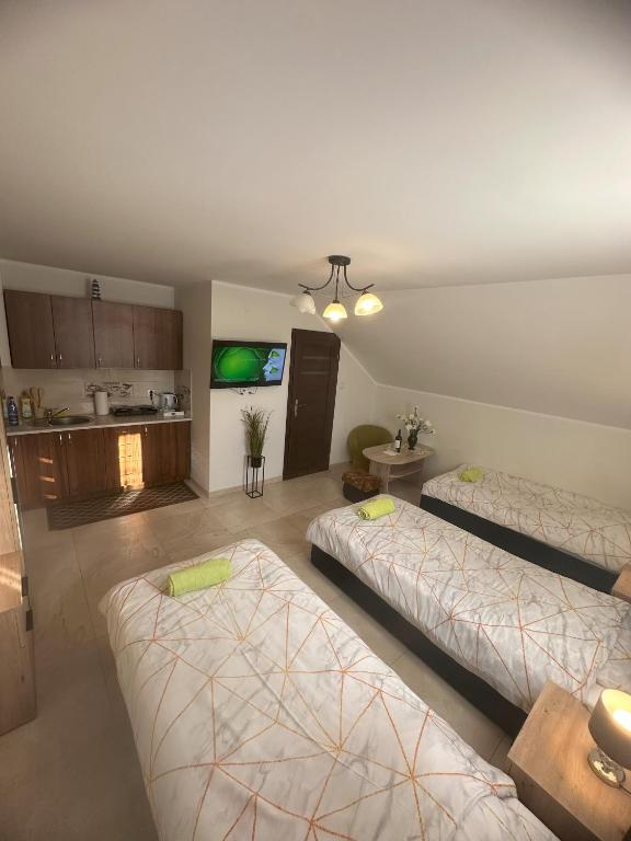 a room with two beds and a kitchen at Studio Mączyńskiego nr 9 in Jarosław