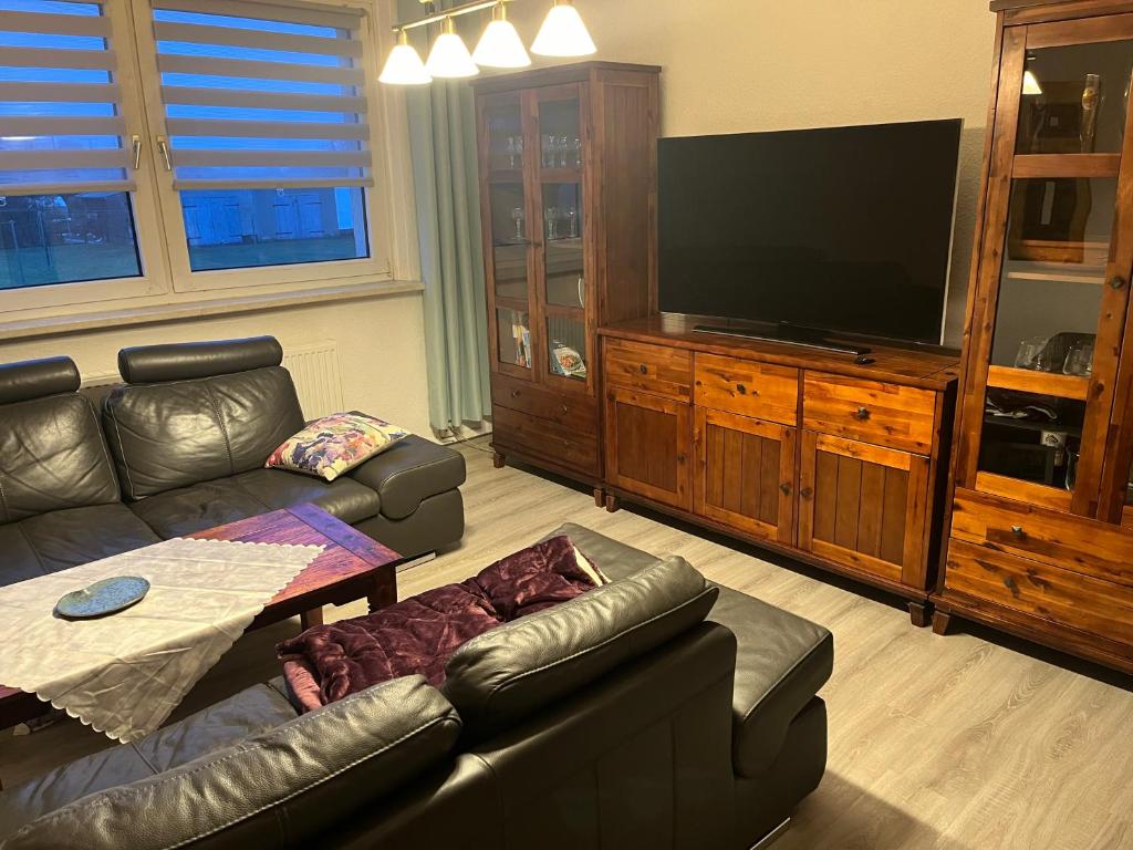 a living room with a leather couch and a flat screen tv at Charmante 2 Zimmer-Wohnung 55qm mit Gartenblick in Pokrent