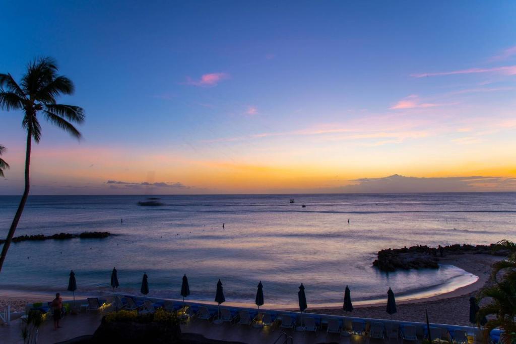 a beach with a palm tree and the ocean at sunset at Crystal Cove, Barbados, A Tribute Portfolio All-Inclusive Resort in Saint James