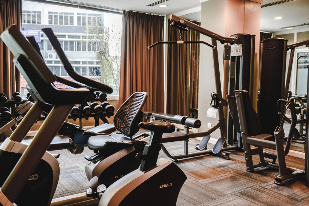 A windowed fitness room with cardio equipment, free weights and resistance machines.