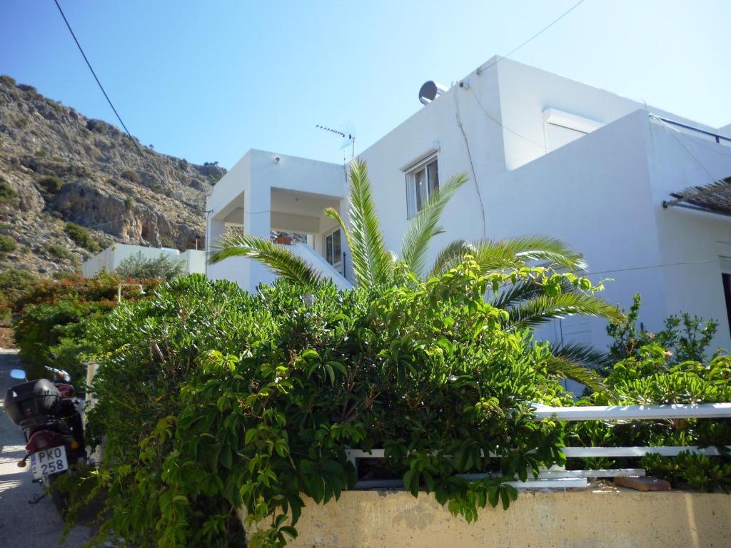 a white building with plants in front of it at Plakia Beach Apartments in Pefki
