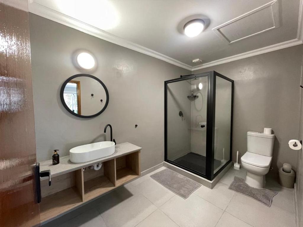 a bathroom with a shower and a sink and a toilet at The Mole Guesthouse in Swakopmund