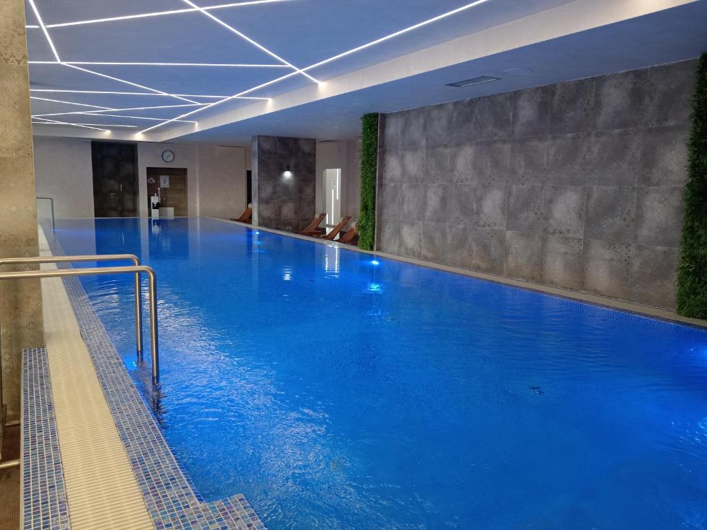 a large blue swimming pool in a building at Silver Hills in Zlatibor