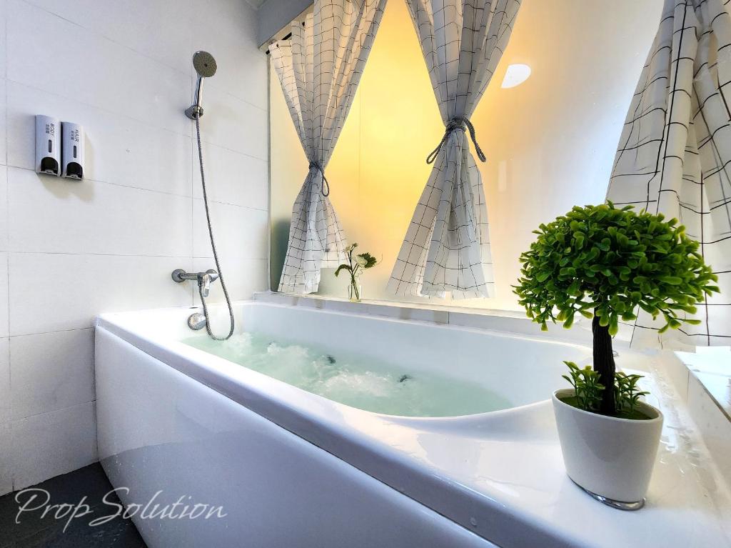 a bath tub with a potted plant in front of a mirror at Loft Suite Central City 2BR JB CIQ 7Pax in Johor Bahru