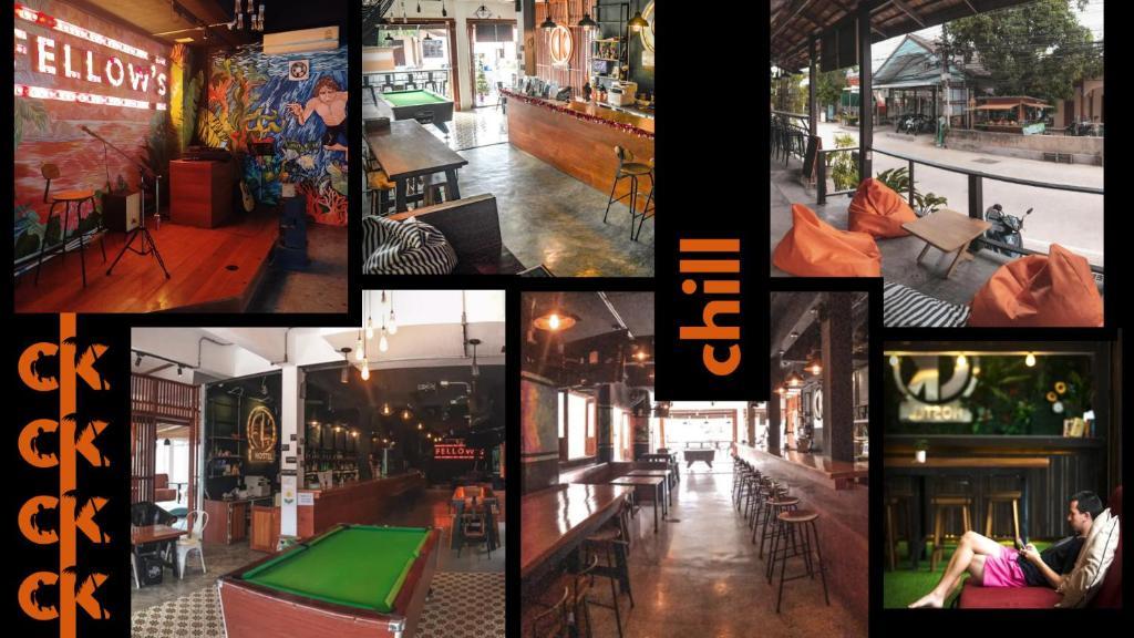 un collage di foto di un pub con tavolo da biliardo di CK Hostel a Ko Tao