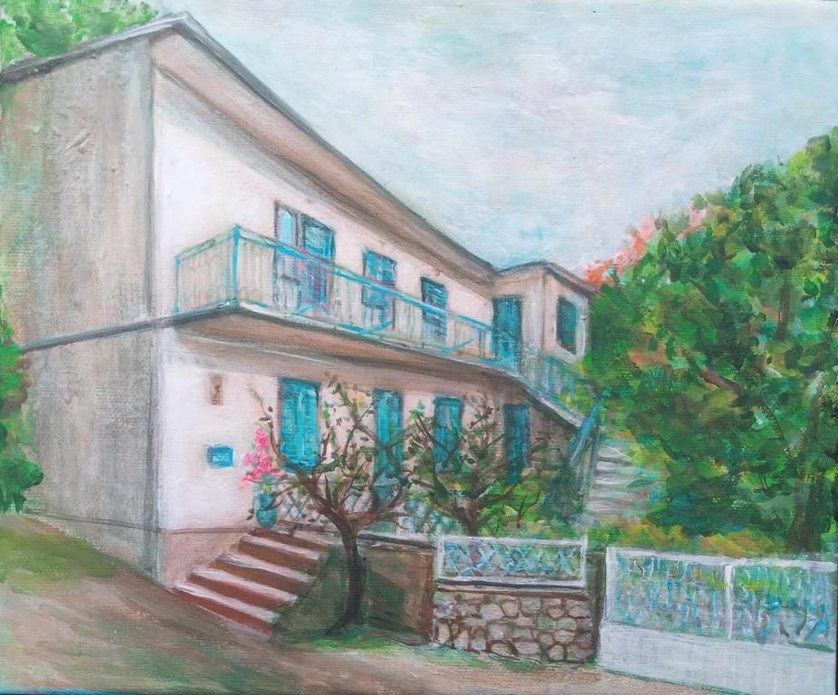 a painting of a house with a balcony at Dalmát Kuckó apartmanház in Šibuljina