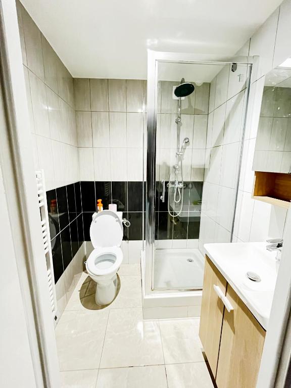 une salle de bain avec toilettes et douche dans l'établissement Bel appartement Épinay sur Seine près du stade de France, à Épinay-sur-Seine