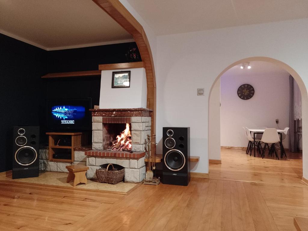 a living room with a fireplace and speakers at Krynica Zdrój - Dom nad wodą in Piorunka