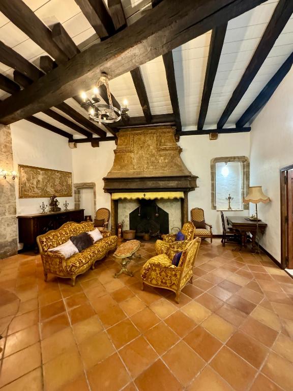 un salon avec des canapés et une cheminée dans l'établissement Maison du Roy / Royal Chambers, à Saint-Antonin