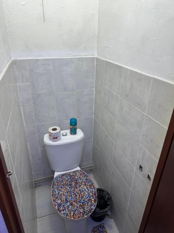 a bathroom with a toilet with a floral toilet seat at Хостел на Каримова in Almaty