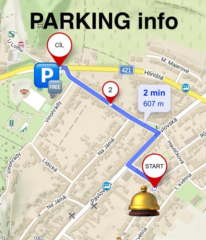 a map of a parking area with two red pointers at Apartmánek Patricie room with kitchenette suitable for 2 adults and 2 children in Mikulov
