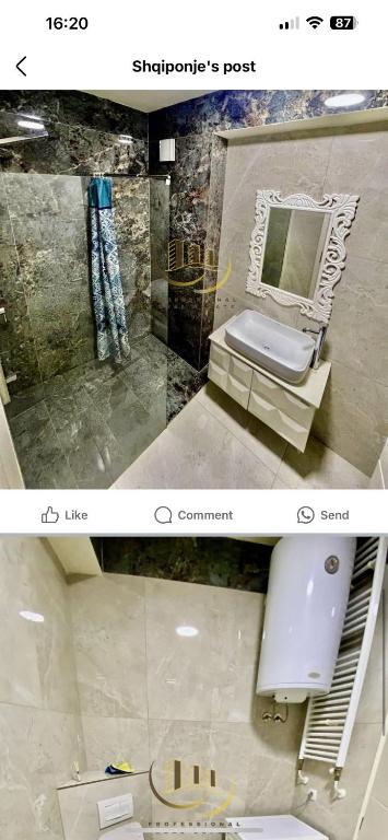 une salle de bain avec toilettes, lavabo et miroir dans l'établissement Deluxe Apartament, à Pristina