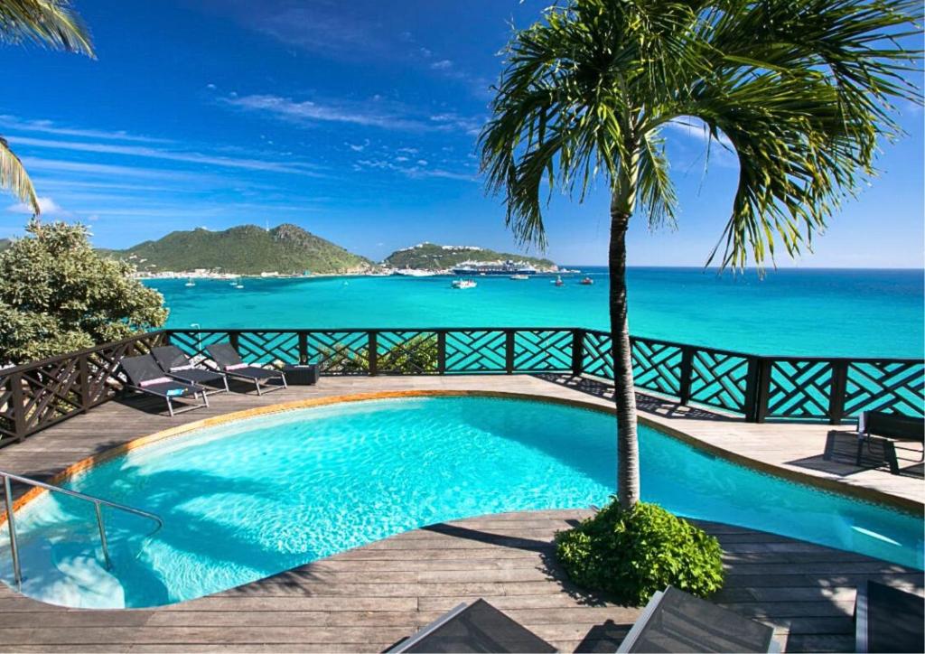 a swimming pool with a palm tree and the ocean at Villa en Sea in Philipsburg