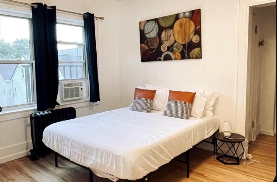 a bedroom with a large white bed with two windows at Studio Downtownhighfallskitchentvunitypet in Rochester