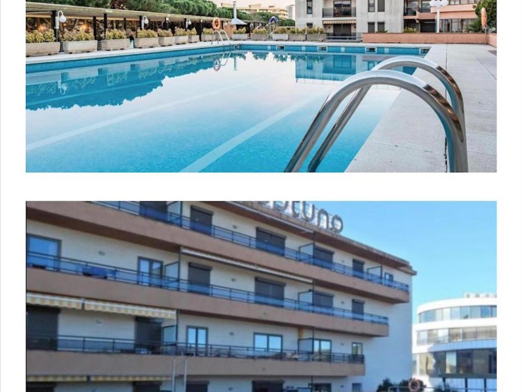 zwei Bilder von einem Hotel und einem Swimmingpool in der Unterkunft VILLAS COSETTE Apartamento Neptuno 417 / Confort total en la Costa Brava: WiFi, piscina y aire acondicionado incluidos! - ES-209-90 in Platja  d'Aro