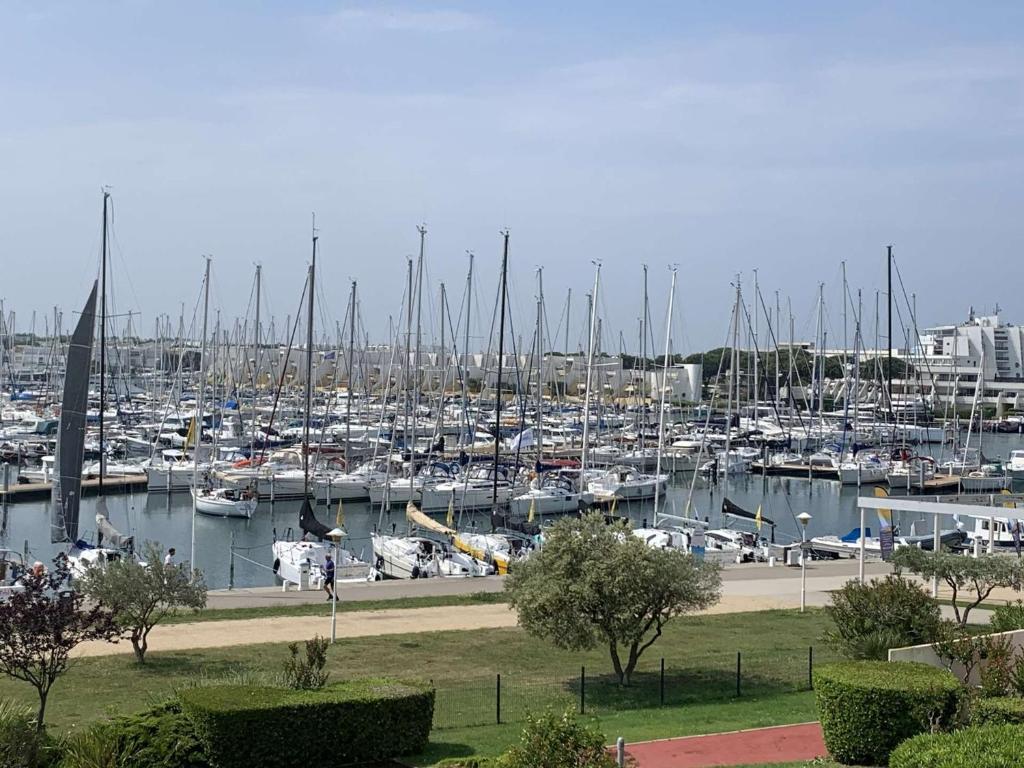 un port de plaisance avec beaucoup de bateaux dans l'eau dans l'établissement Appartement 2 pièces avec piscine pour 4 personnes - FR-1-731-116, au Grau-du-Roi