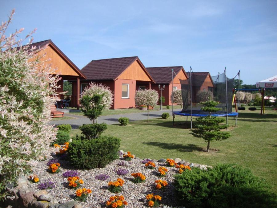 a yard with houses and a garden with flowers at Domki Pod Kasztanem in Dąbki