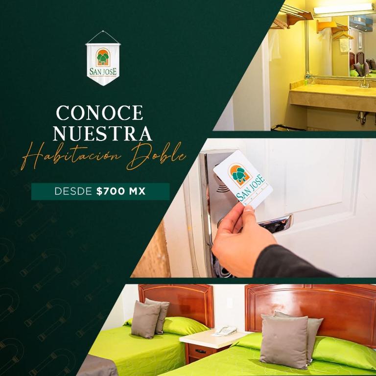 Un collage de dos fotografías de una habitación con una cama. en Hotel San José, en Magdalena de Kino