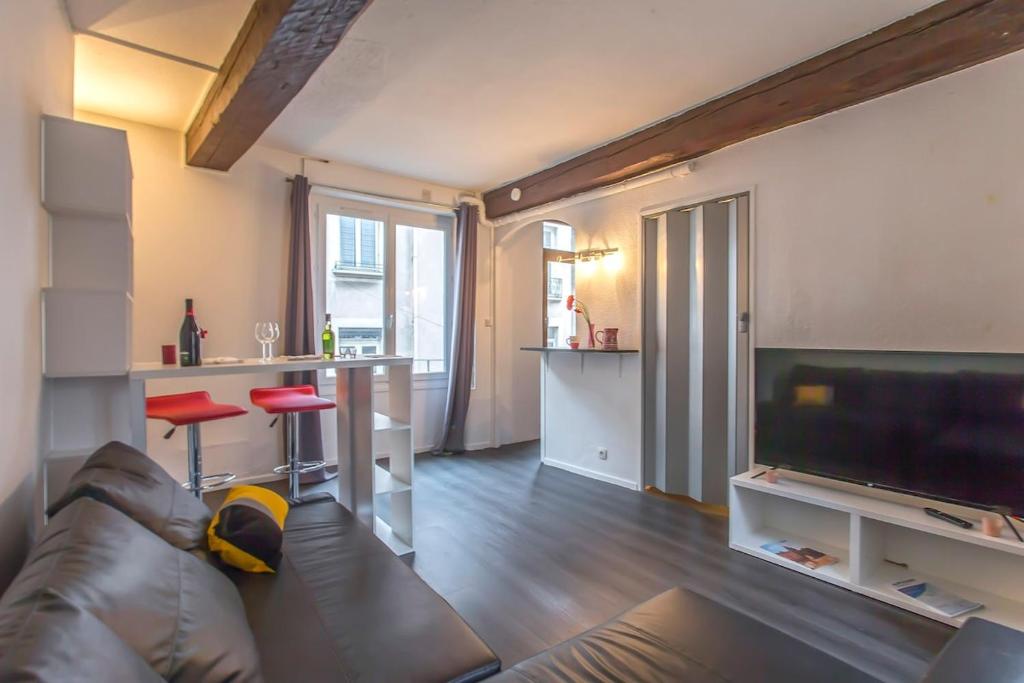 a living room with a couch and a large television at A 4 mn de Grenette Hypercentre in Grenoble