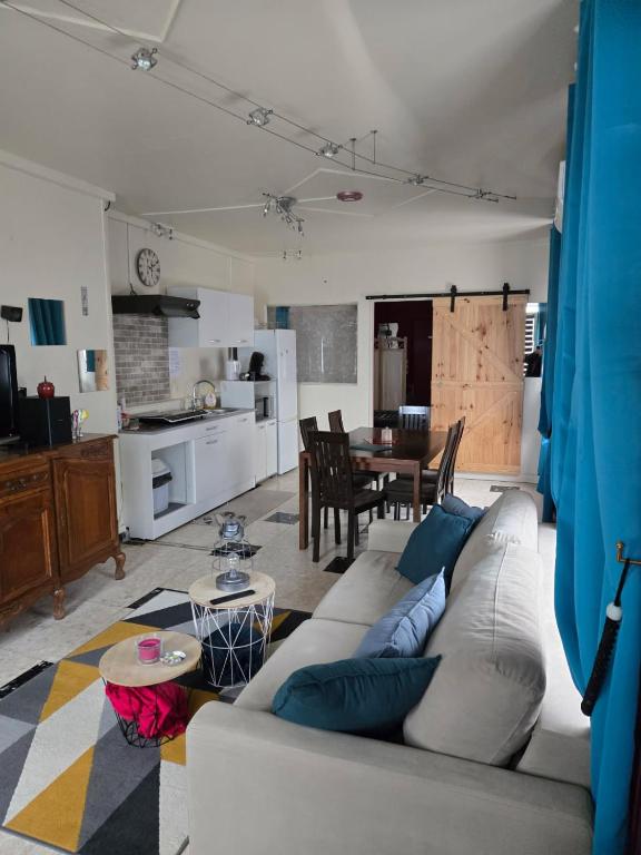 un salon avec un canapé blanc et une cuisine dans l'établissement Appartement Le Dauphin, à Orville