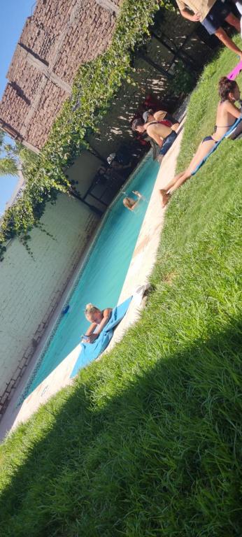 a group of people swimming in a pool of water at Windmill Hostel in Mendoza