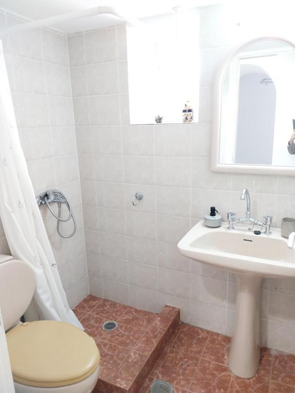 łazienka z umywalką, toaletą i lustrem w obiekcie Kasi's nature home w mieście Kithira
